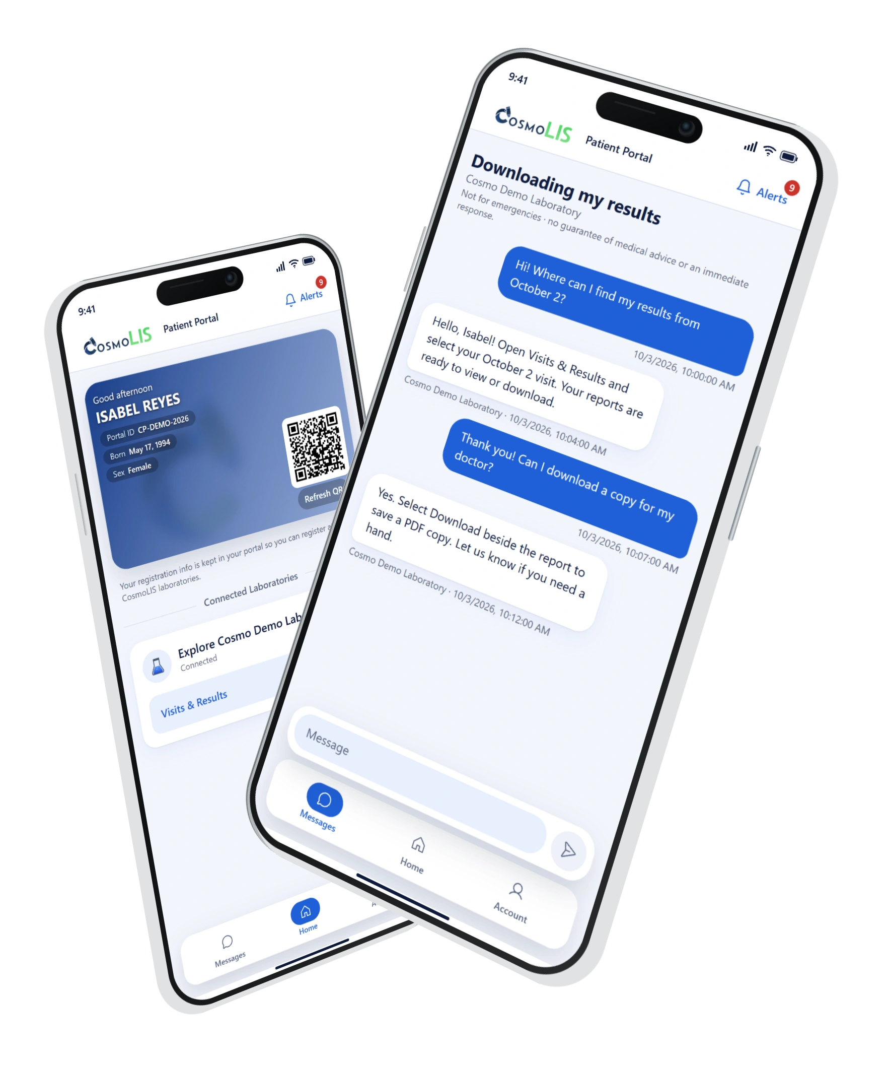 Angled phones showing freshly captured patient portal Home and a fictional conversation with the laboratory
