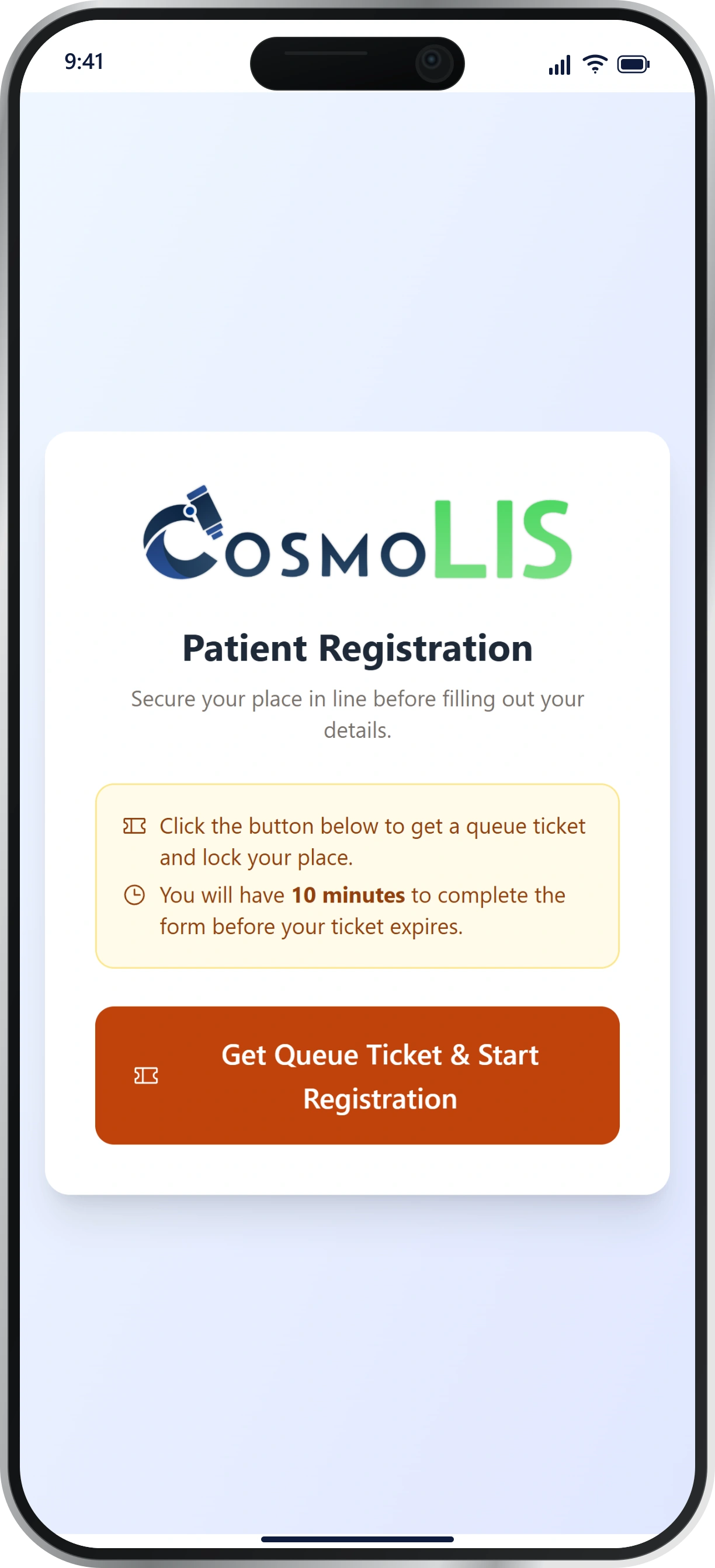 Actual mobile self-registration screen for the fictional Cosmo Demo Laboratory