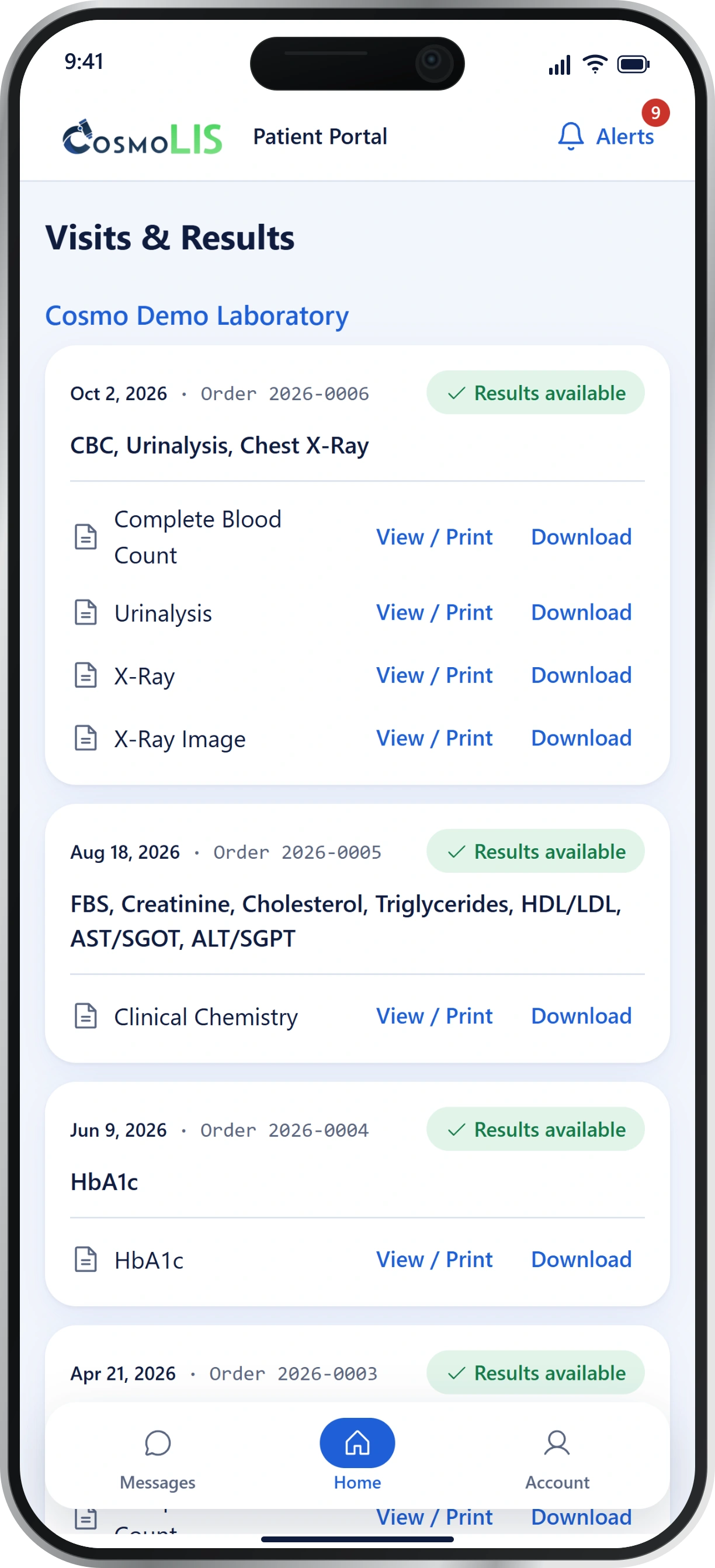 Upright phone displaying patient portal visits and available reports from fictional laboratory visits