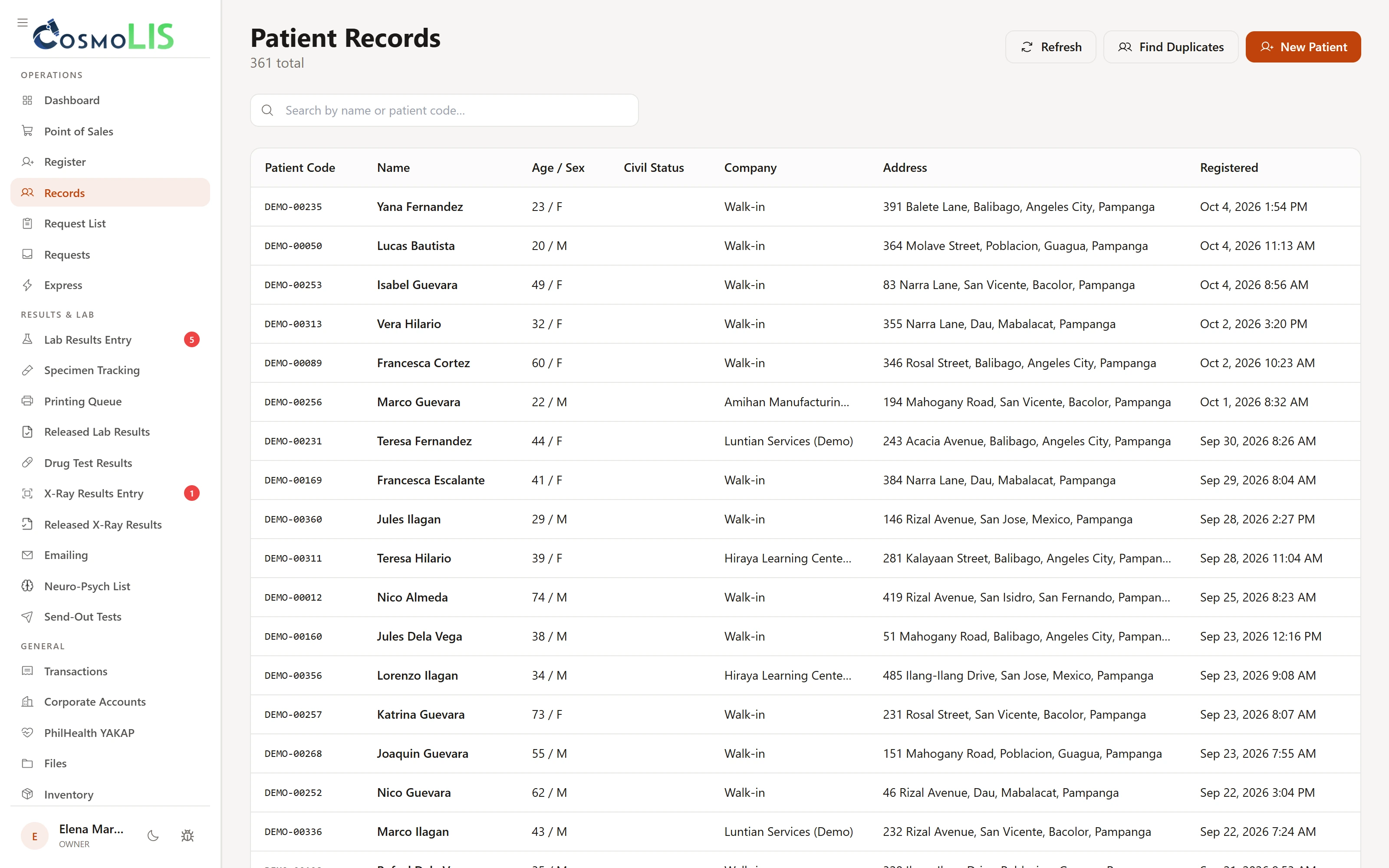 Patient record list populated with invented names, patient codes, and demographic details