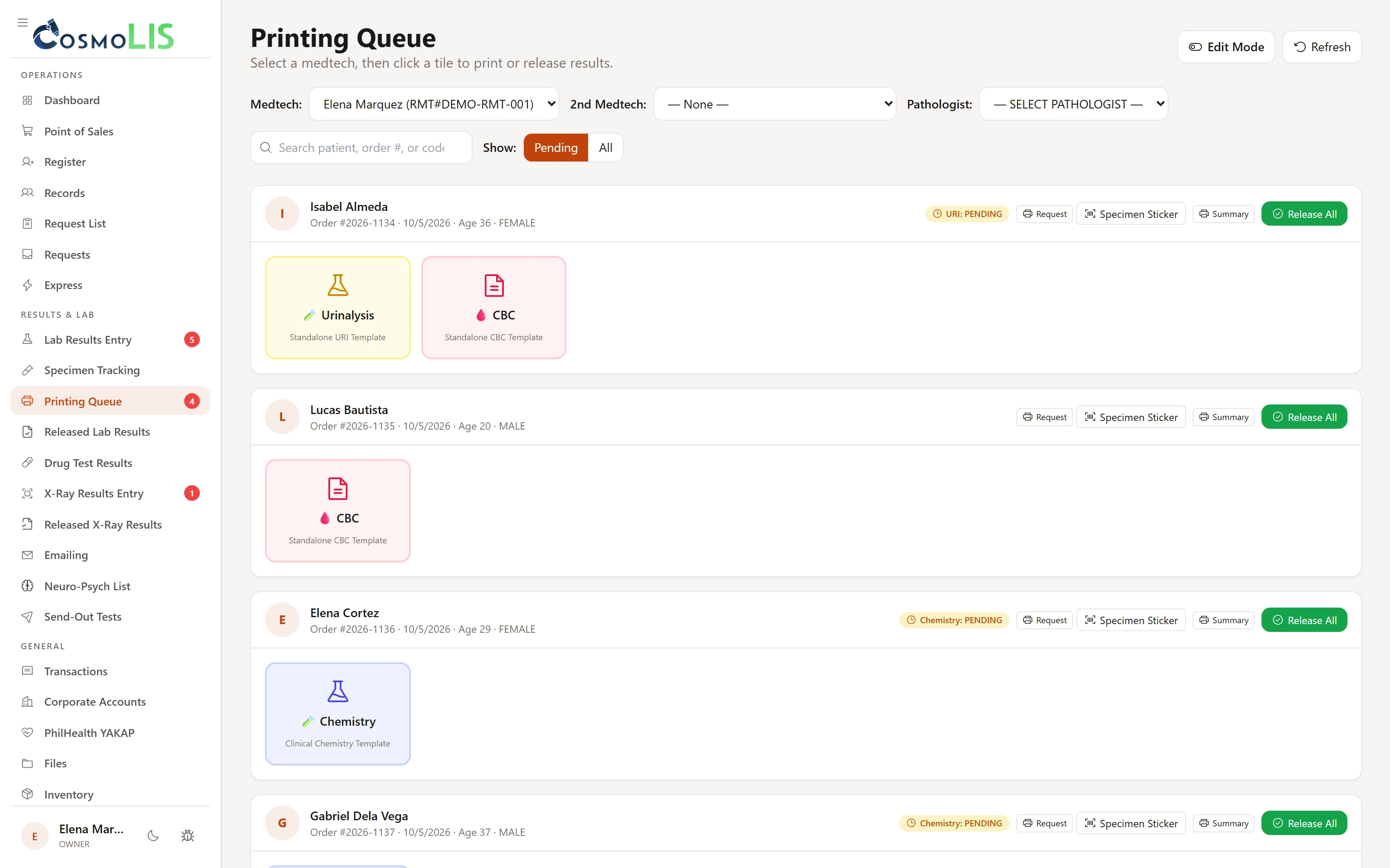 CosmoLIS printing queue with fictional completed requests and pending report categories