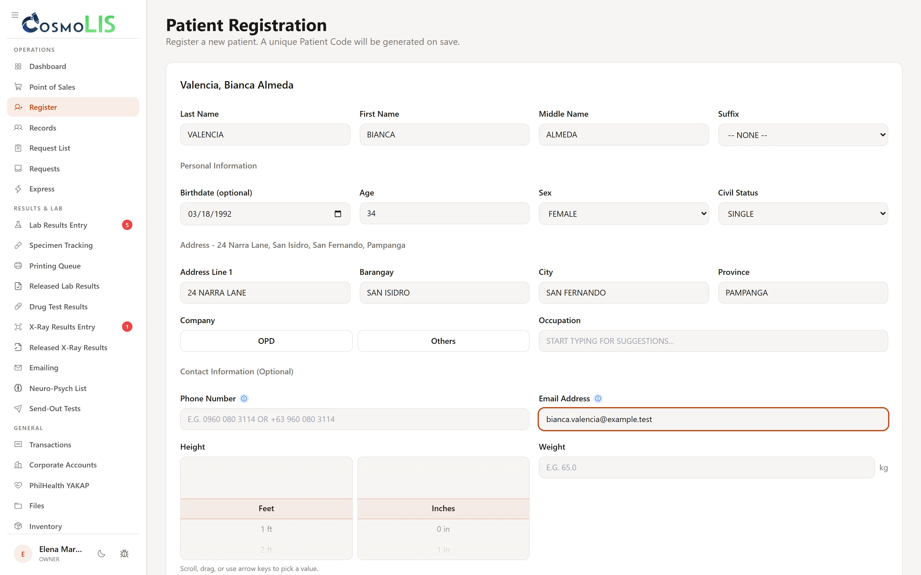 Patient registration form filled with entirely fictional intake details