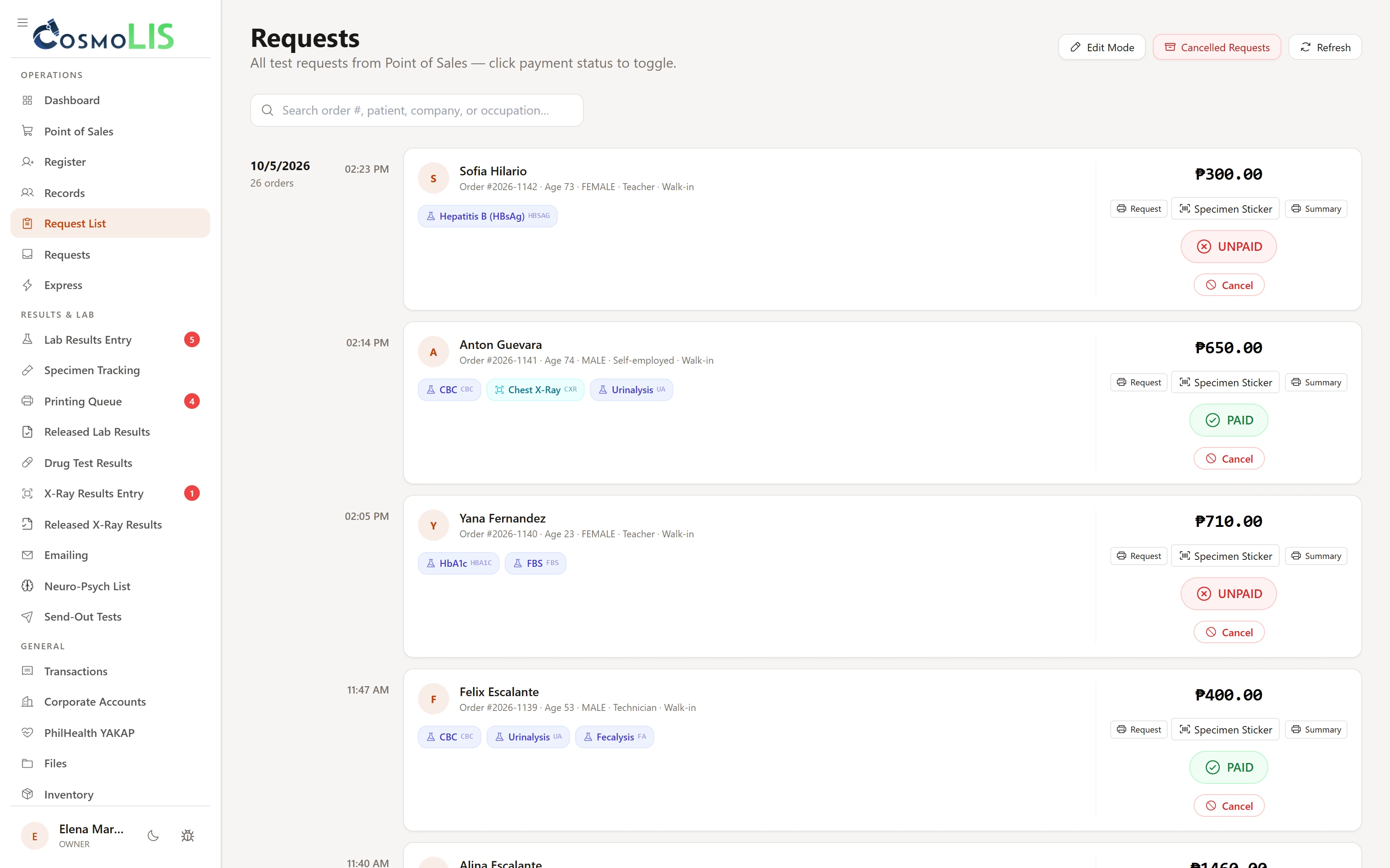 Requests across different dates and times with fictional patient names and varied payment states